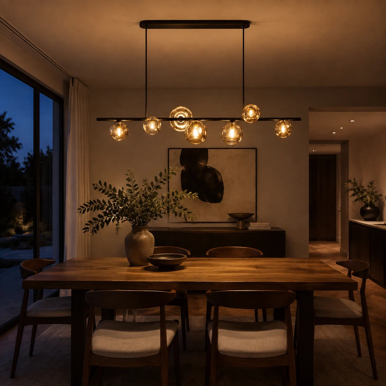 Modern Bubble Smoke Glass Linear Chandelier Metal Frame Globe Pendant Light Fixture for Dining kitchen Islands