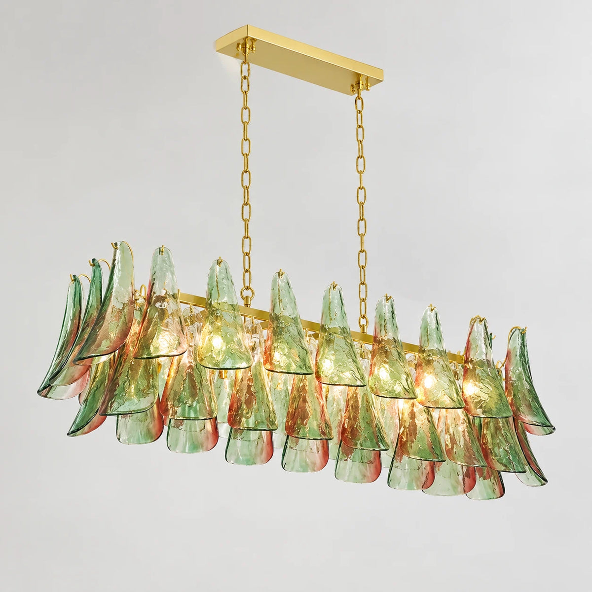 Marielle Green Dining Kitchen Island Chandelier Tiered Luxury Murano Glass Petal Rectangle Linear Pendant Light