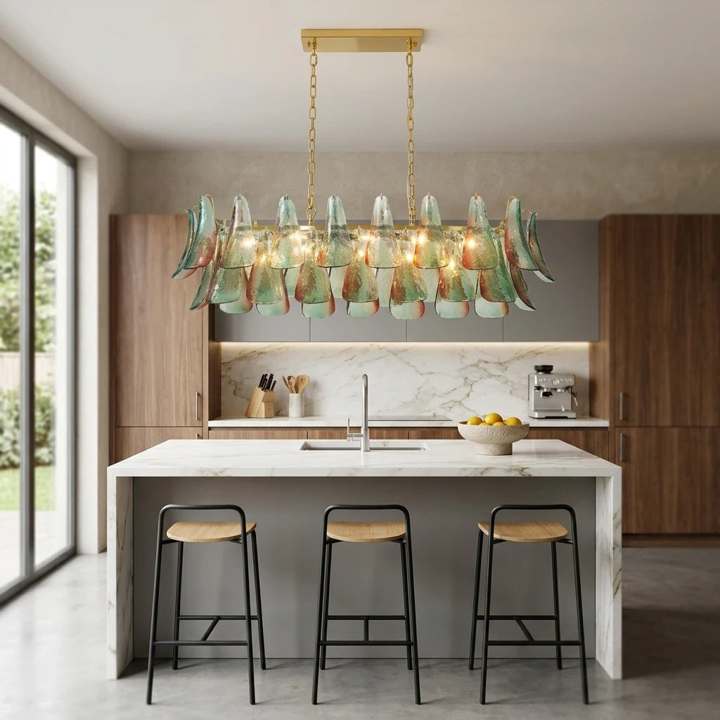 Marielle Green Dining Kitchen Island Chandelier Tiered Luxury Murano Glass Petal Rectangle Linear Pendant Light