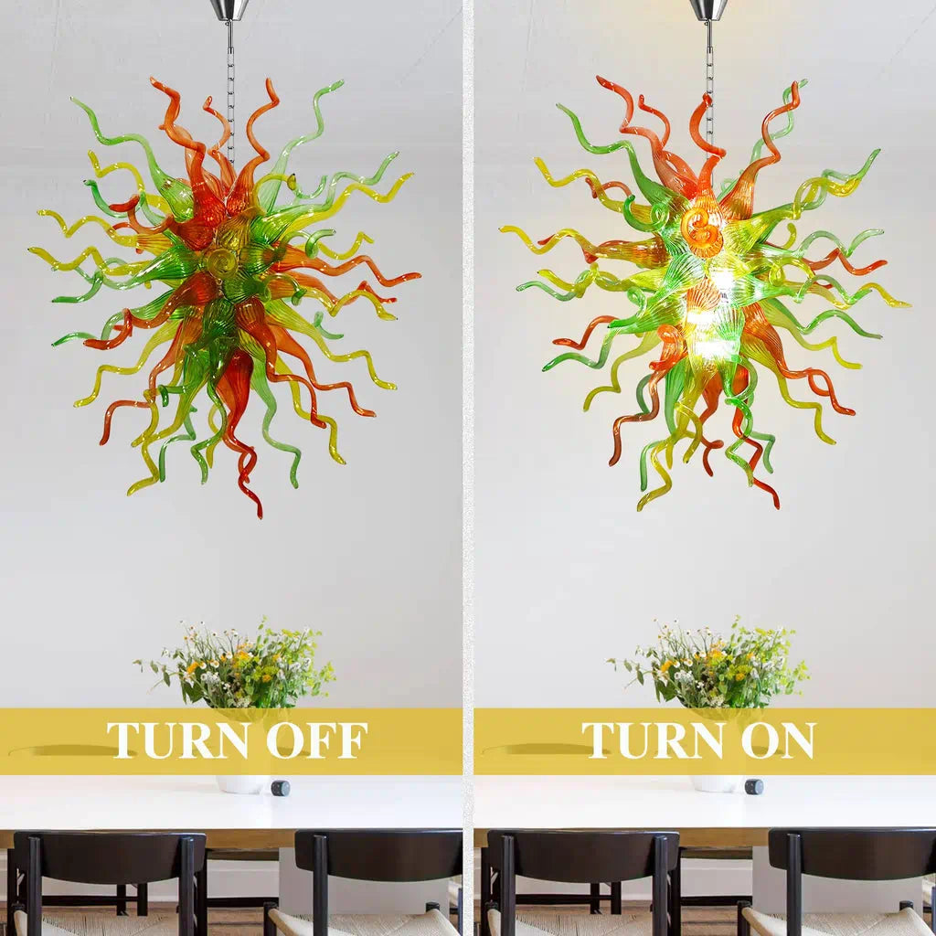 Multicolor Hand-Blown Glass Chandelier in Orange, Green & Yellow Chihuly-Style Sculptural Pendant Light