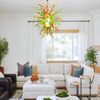 Multicolor Hand-Blown Glass Chandelier in Orange, Green & Yellow Chihuly-Style Sculptural Pendant Light