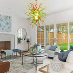 Multicolor Hand-Blown Glass Chandelier in Orange, Green & Yellow Chihuly-Style Sculptural Pendant Light
