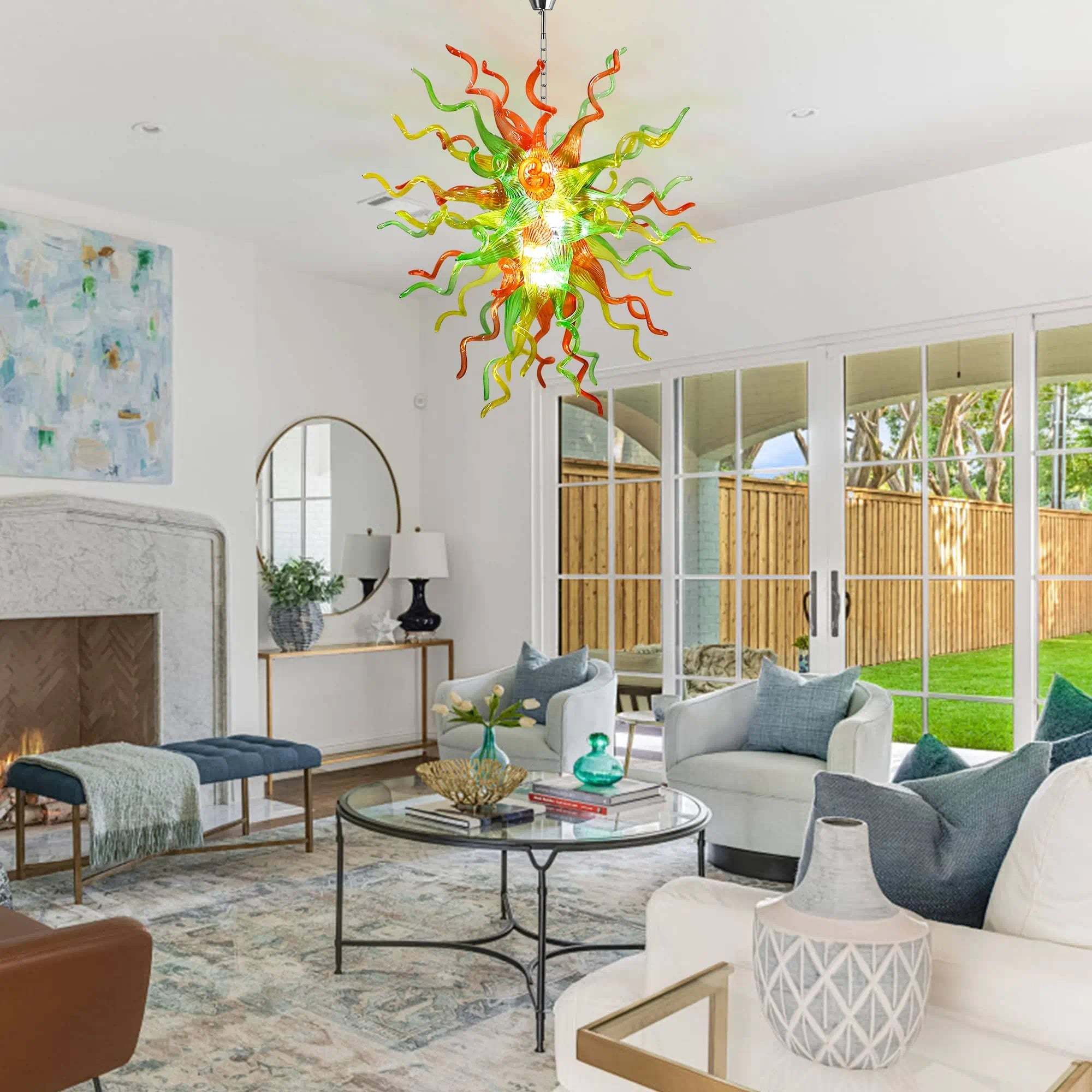 Multicolor Hand-Blown Glass Chandelier in Orange, Green & Yellow Chihuly-Style Sculptural Pendant Light