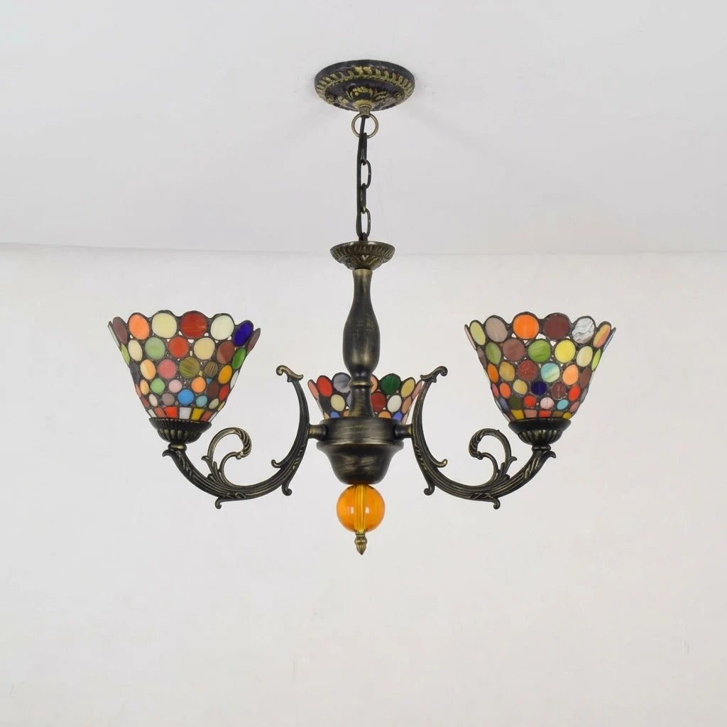 3-Light Tiffany Style Stained Glass Chandelier with Mosaic Polka Dot Shades and Antique Bronze Finish