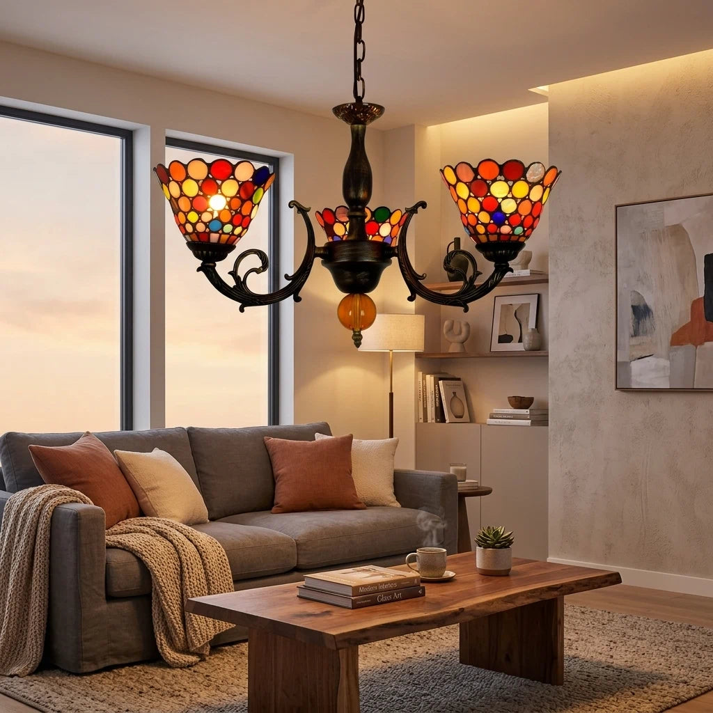 3-Light Tiffany Style Stained Glass Chandelier with Mosaic Polka Dot Shades and Antique Bronze Finish
