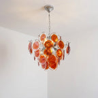 Roter mehrstöfiger Glaslüster im Murano-Stil Lelaina skulpturale kaskadierende Scheiben-Pendelleuchte in Bernsteingrot