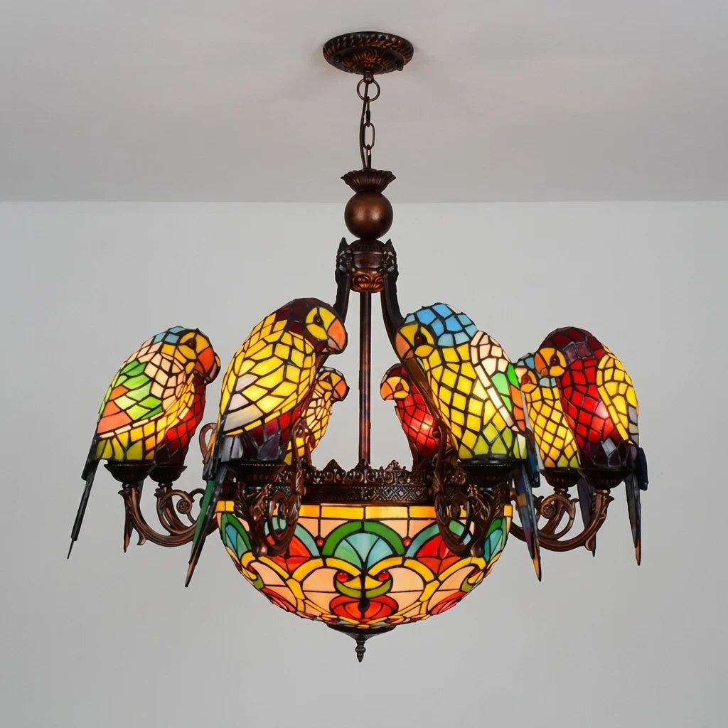 Tiffany-Style Stained Glass Parrot Chandelier Large Vintage Colorful Handcrafted Bird Pendant Light Fixture