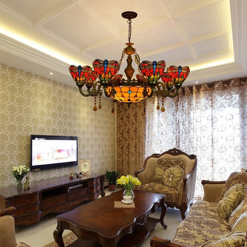 Retro Tiffany-Style Stained Glass Floral Art Chandelier Victorian Art Nouveau MulticolorHanging Light Fixtures