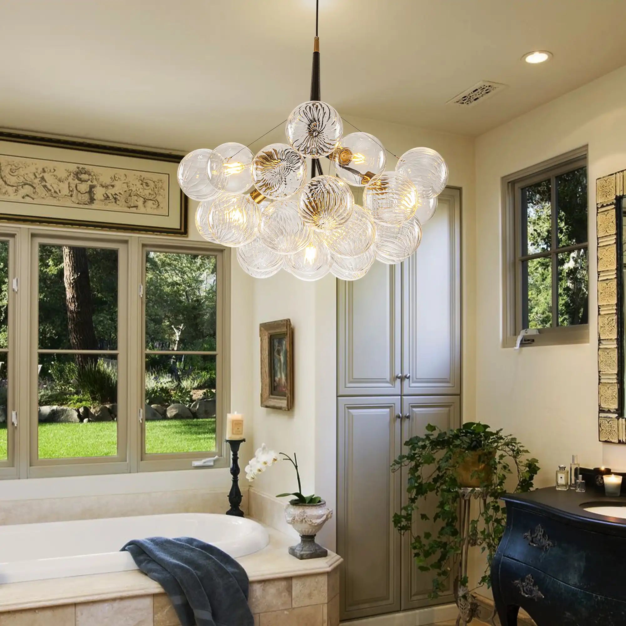 Modern Talia Sphere Cluster Pendant Light Hand-Blown Clear Glass Bubble Chandelier For Living Dining Bedroom