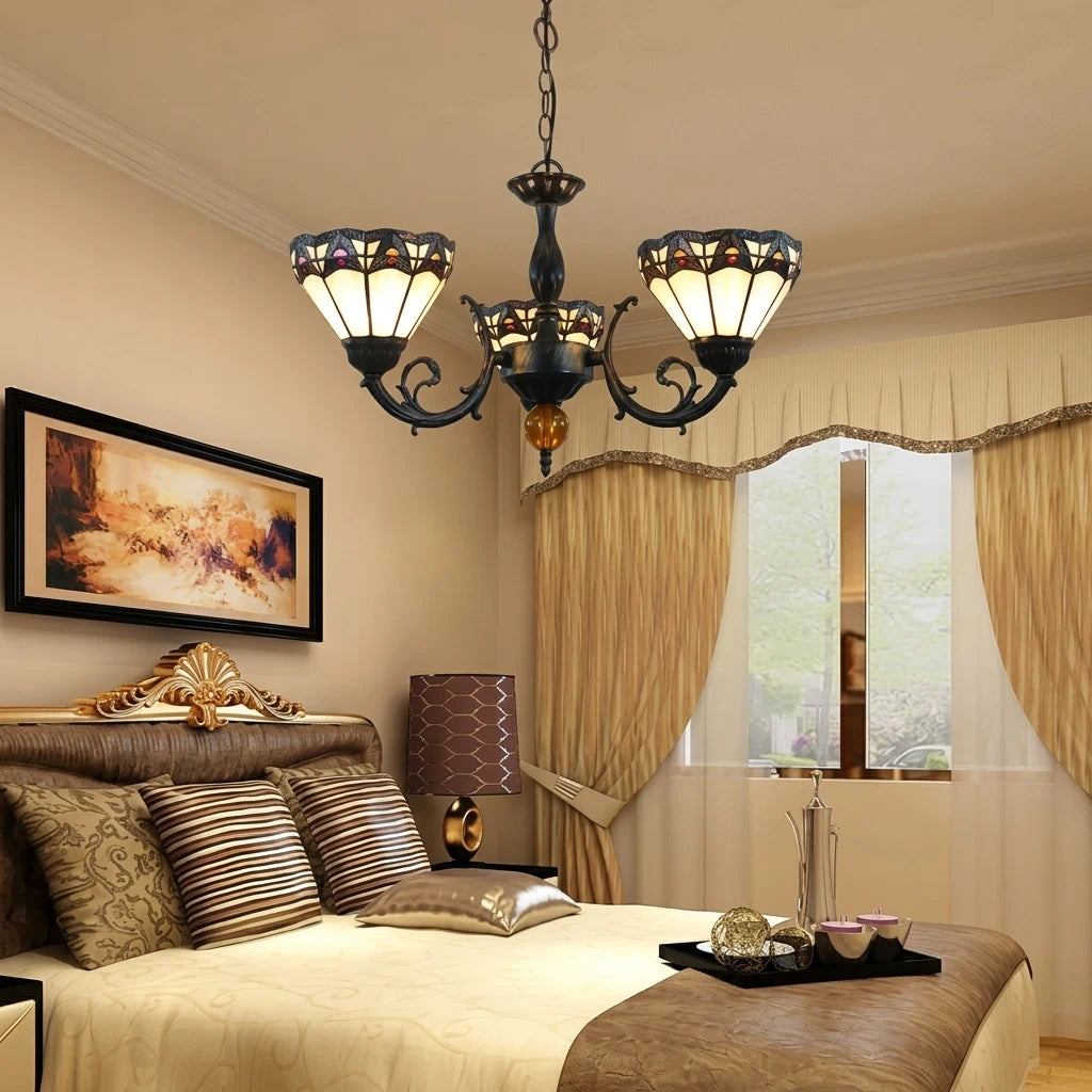 Tiffany-Style 3-Light Stained Glass Chandelier Vintage Art Nouveau Glass Chandelier For Dining Living Bedrooms