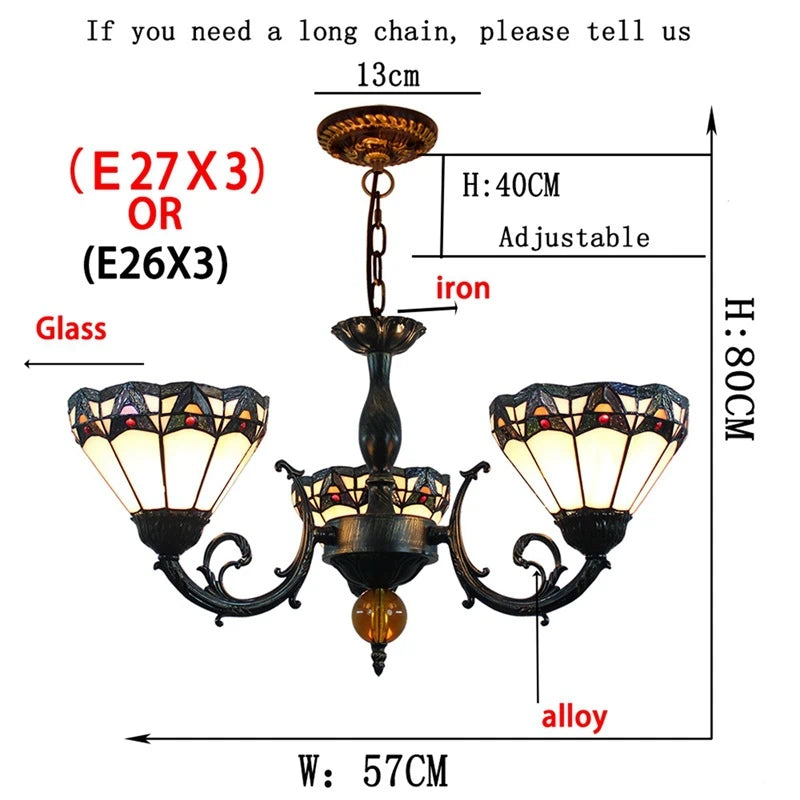 Tiffany-Style 3-Light Stained Glass Chandelier Vintage Art Nouveau Glass Chandelier For Dining Living Bedrooms