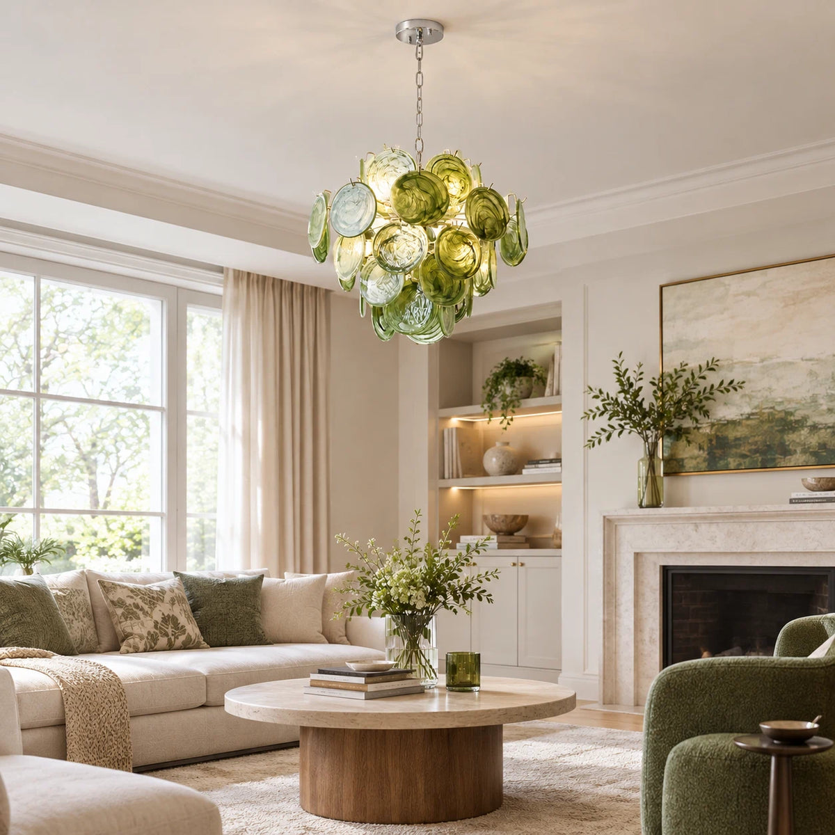 Murano Style Green Tiered Glass Chandelier Lelaina Artistic Layered Circular Glass Discs Pendant Light