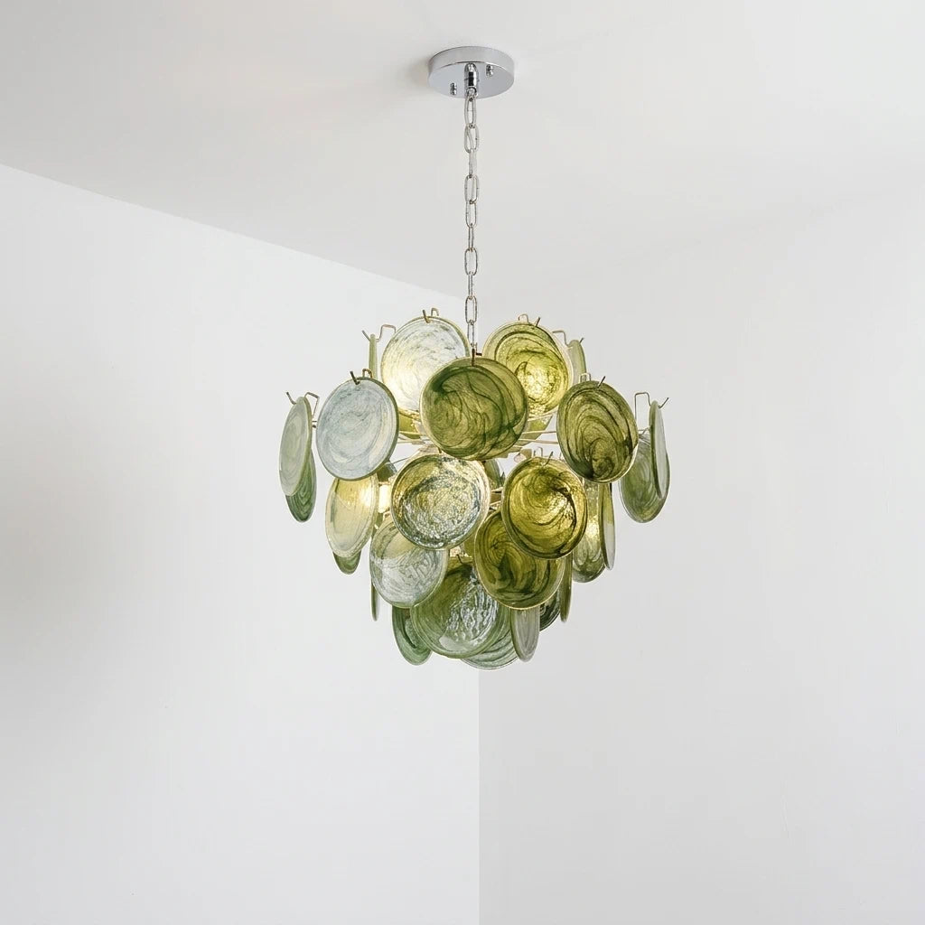Grüner mehrstufiger Glaslüster im Murano-Stil Lelaina Künstlerische Pendelleuchte mit gestaffelten kreisförmigen Glasscheiben