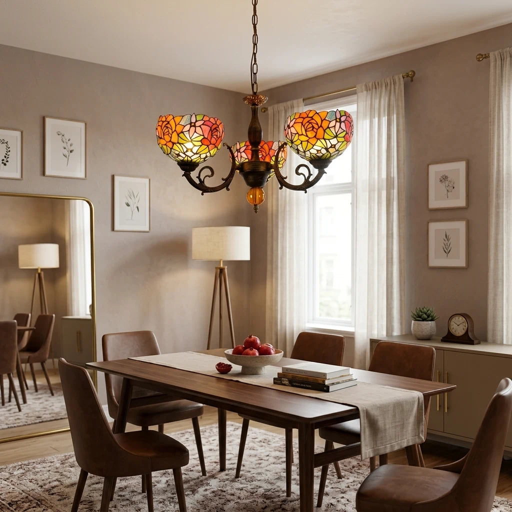 Tiffany Style 3-Light Stained Glass Chandelier Vintage Rose Floral Hanging Chandelier