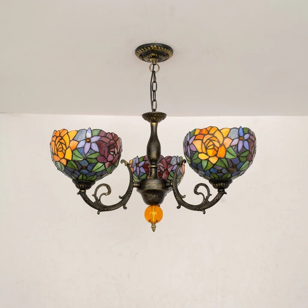 Tiffany Style 3-Light Stained Glass Chandelier Vintage Rose Floral Hanging Chandelier