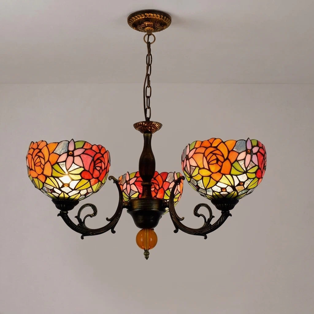 Tiffany Style 3-Light Stained Glass Chandelier Vintage Rose Floral Hanging Chandelier