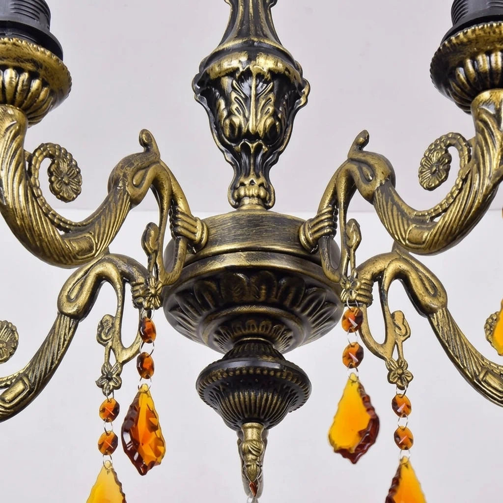 Yellow Tiffany-Style 5-Light Stained Glass Chandelier Vintage Amber Mosaic Glass Chandelier