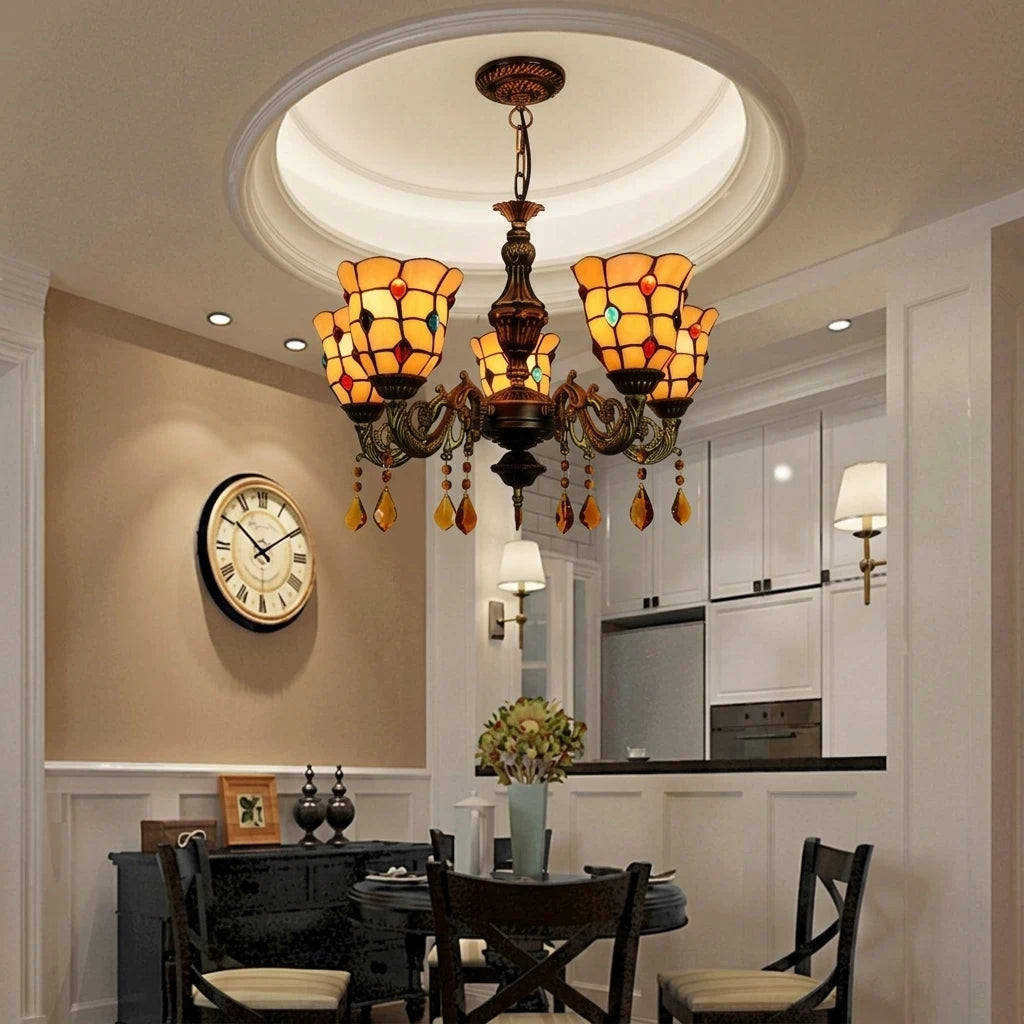 Yellow Tiffany-Style 5-Light Stained Glass Chandelier Vintage Amber Mosaic Glass Chandelier