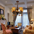 Yellow Tiffany-Style 5-Light Stained Glass Chandelier Vintage Amber Mosaic Glass Chandelier