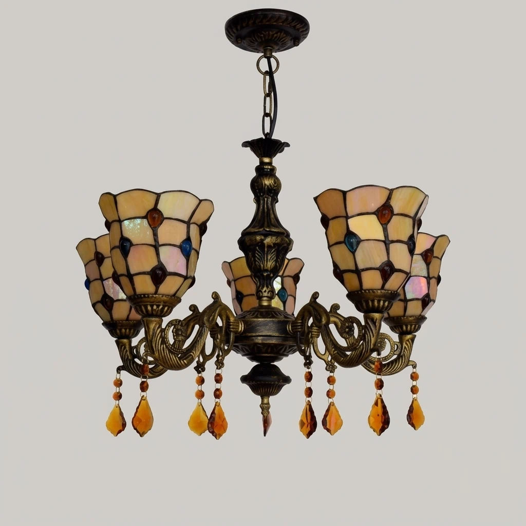 Yellow Tiffany-Style 5-Light Stained Glass Chandelier Vintage Amber Mosaic Glass Chandelier