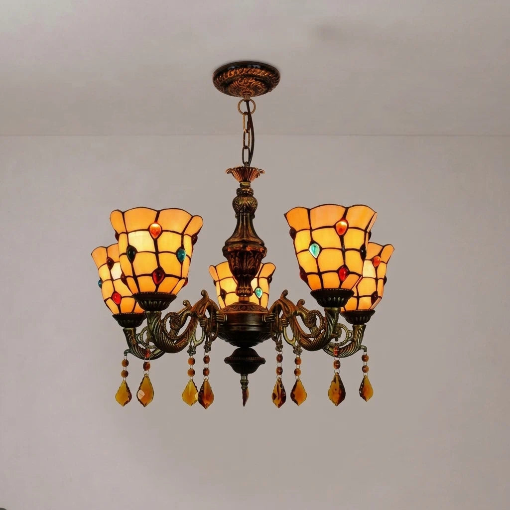 Yellow Tiffany-Style 5-Light Stained Glass Chandelier Vintage Amber Mosaic Glass Chandelier