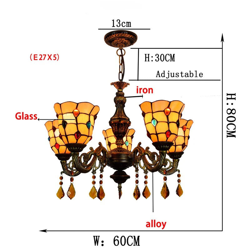 Yellow Tiffany-Style 5-Light Stained Glass Chandelier Vintage Amber Mosaic Glass Chandelier