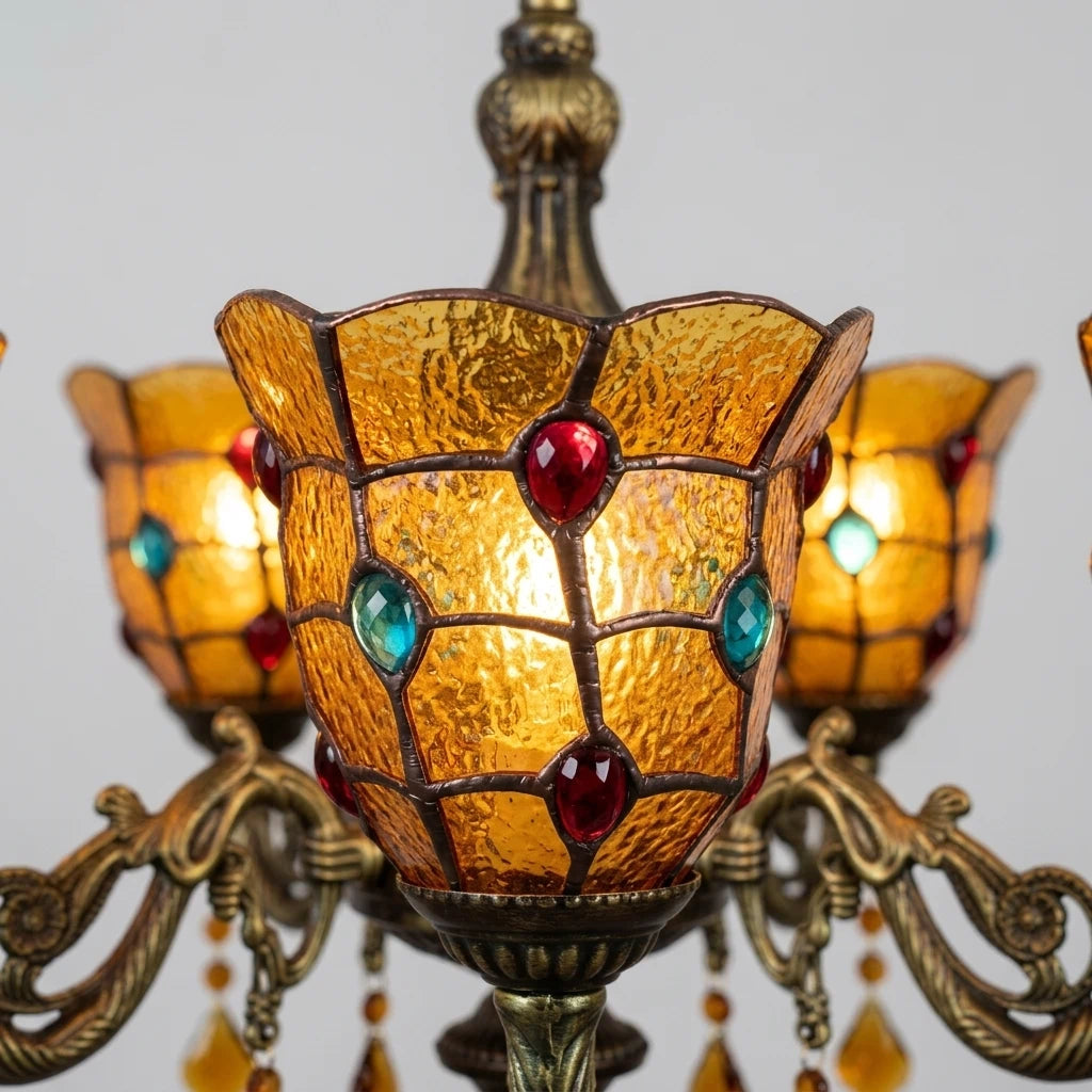 Yellow Tiffany-Style 5-Light Stained Glass Chandelier Vintage Amber Mosaic Glass Chandelier