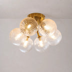Modern Brass Six-Light Semi Flush Mount Ceiling Light with Clear Ribbed Glass Globe Bubbles