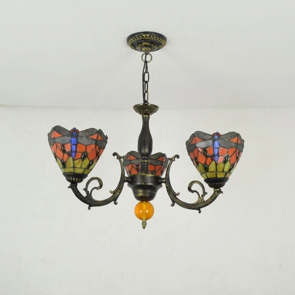 3-Light Tiffany Style Stained Glass Chandelier with Red Dragonfly Shades and Antique Bronze Finish