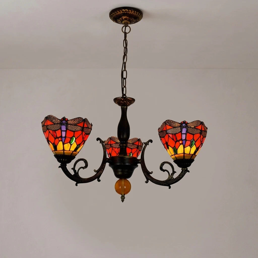3-Light Tiffany Style Stained Glass Chandelier with Red Dragonfly Shades and Antique Bronze Finish