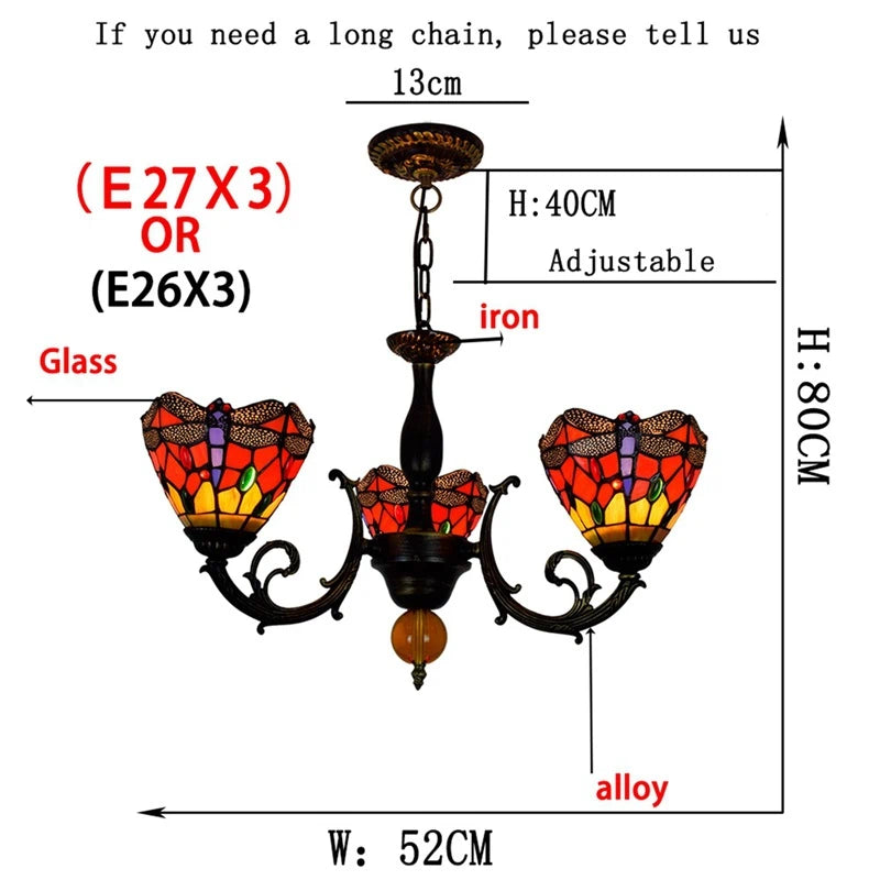 3-Light Tiffany Style Stained Glass Chandelier with Red Dragonfly Shades and Antique Bronze Finish