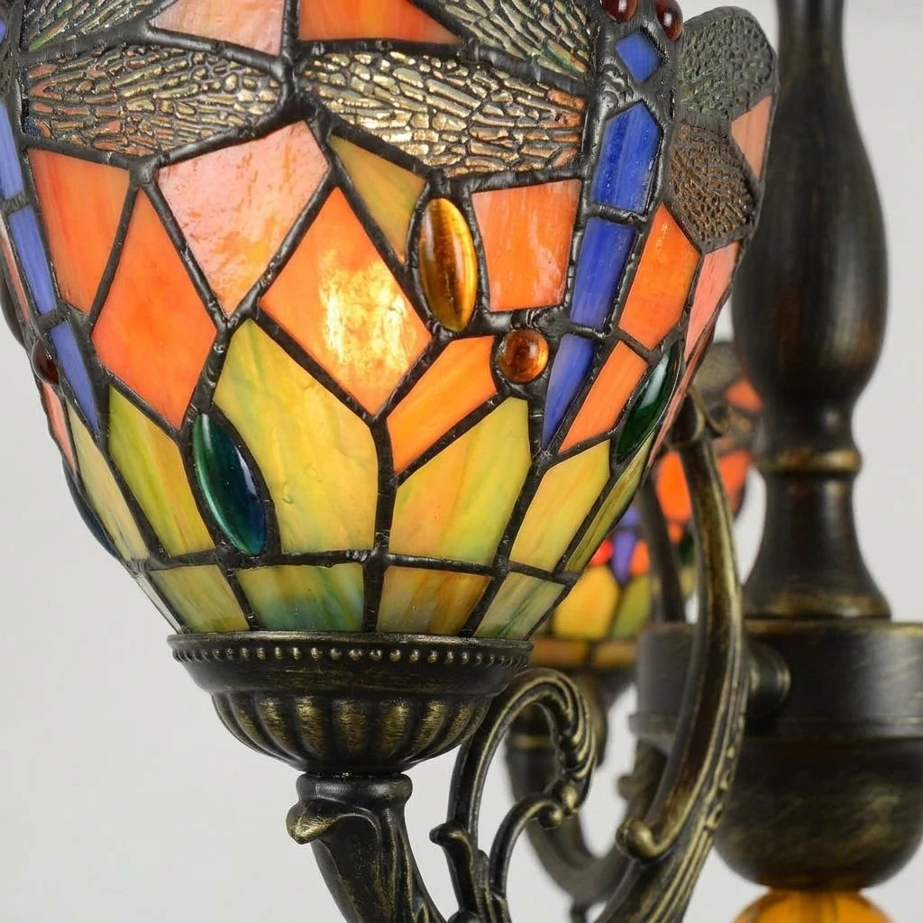 3-Light Tiffany Style Stained Glass Chandelier with Red Dragonfly Shades and Antique Bronze Finish