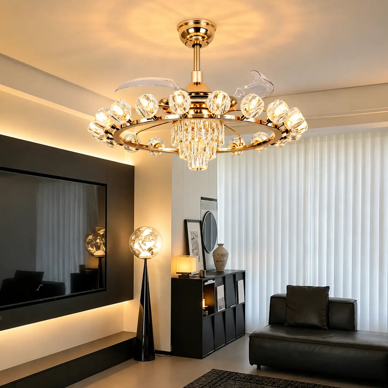 Modern Luxury Crystal Ceiling Fan Chandelier Light with Remote Control Fandolier Quiet Hanging lamp For Bedrooms Living