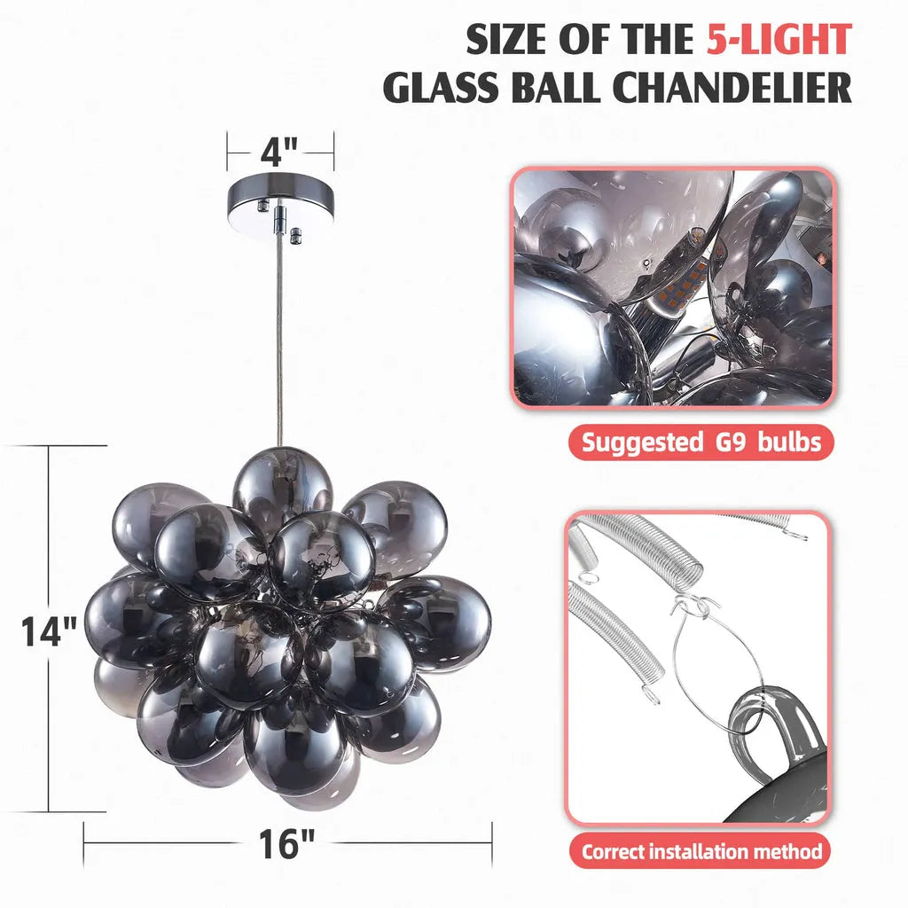 Obsidian Gloom Smoked Glass Bubble Chandelier Talia Grey Black Modern Cluster Glass Ball  Pendant Light