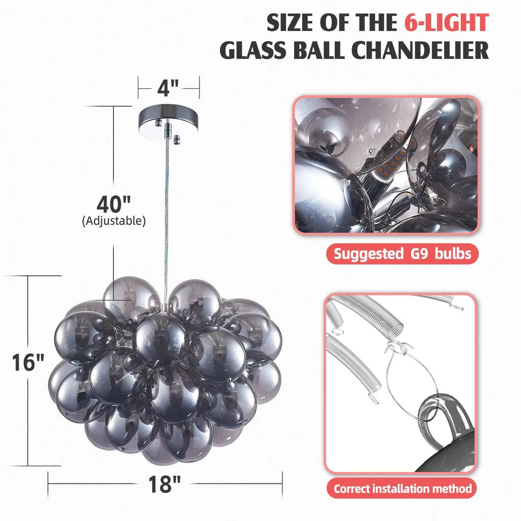 Obsidian Gloom Smoked Glass Bubble Chandelier Talia Grey Black Modern Cluster Glass Ball  Pendant Light
