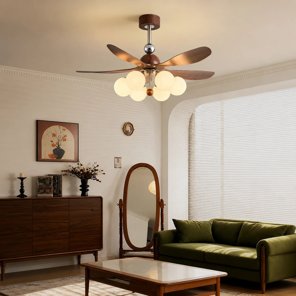 Mid Century Rustic Bubble Ceiling Fan with Light French Vintage High Airflow Fan Light Combo with Remote For Bedroom Living