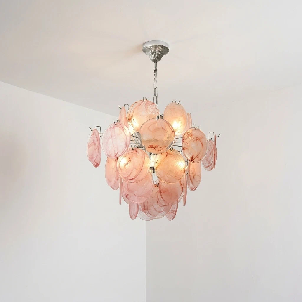 Lelaina Kronleuchter mit gestuften Clustern aus rosa Glas, Murano-Stil, skulpturale Pendelleuchte mit blosser Glasplatte