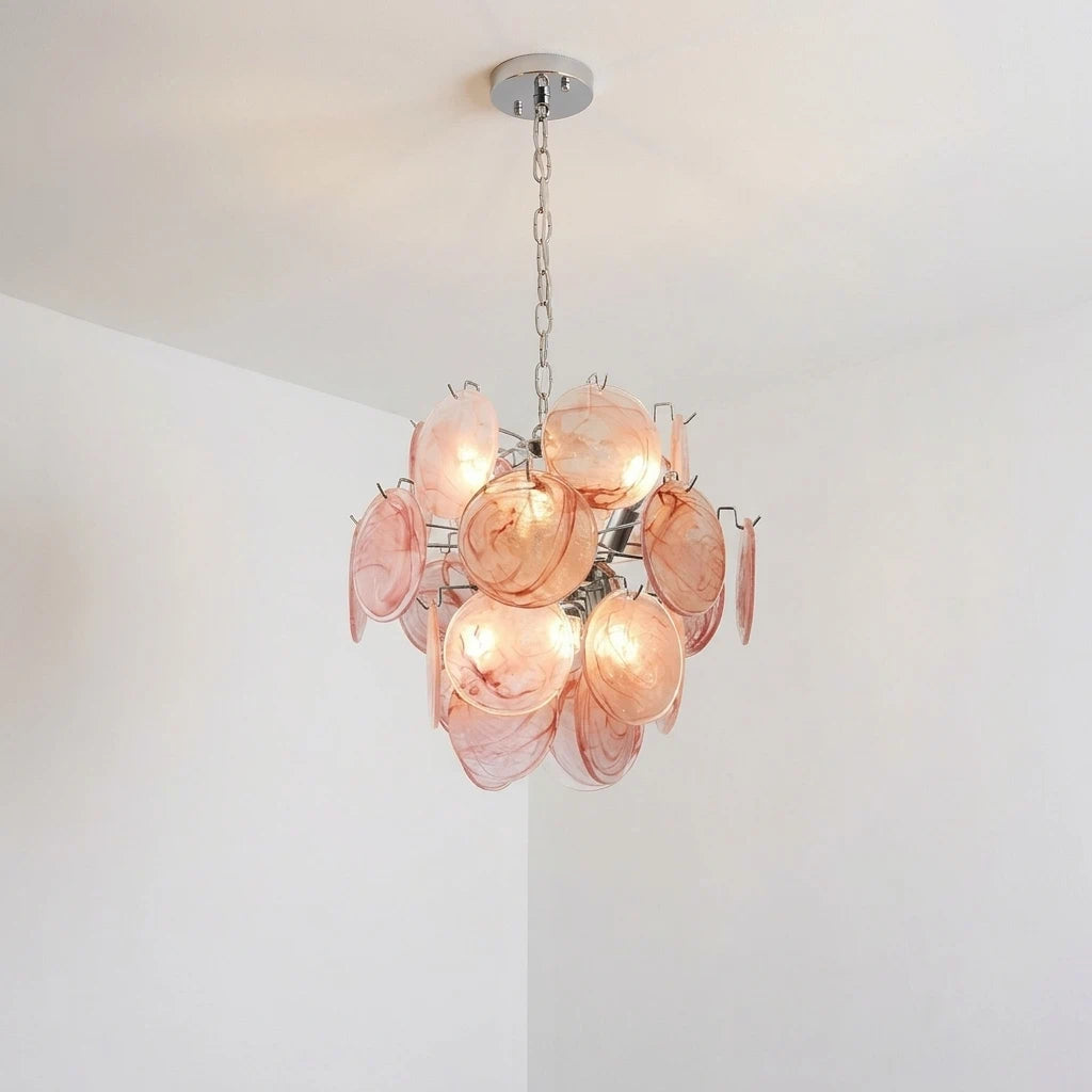 Lelaina Kronleuchter mit gestuften Clustern aus rosa Glas, Murano-Stil, skulpturale Pendelleuchte mit blosser Glasplatte