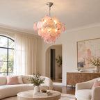 Lelaina Pink Tiered Cluster Glass Disc Chandelier Murano Style Sculptural Blush Glass Disc Pendant Light
