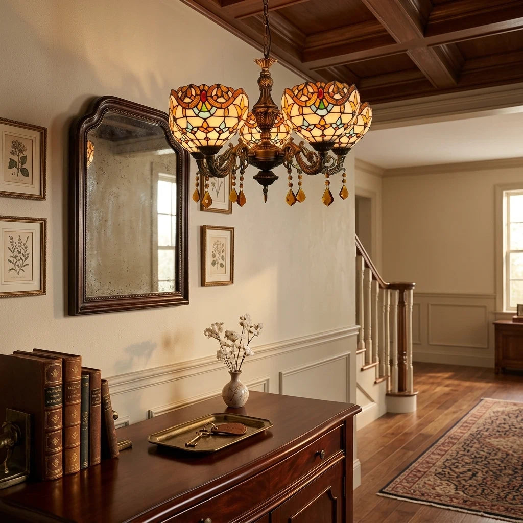 Large Tiffany-Style Stained Artwork Glass Chandelier Classic Floral Vintage Hanging Light Fixtures