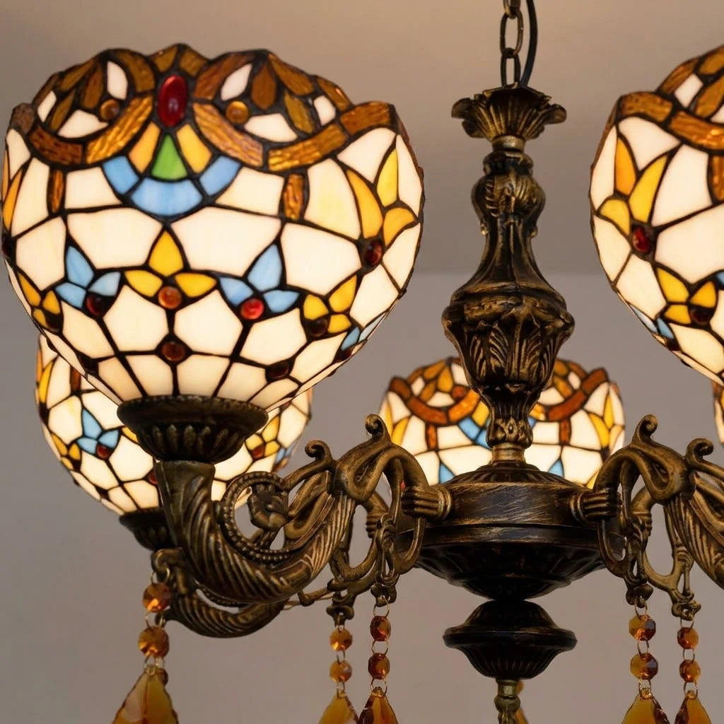 Large Tiffany-Style Stained Artwork Glass Chandelier Classic Floral Vintage Hanging Light Fixtures
