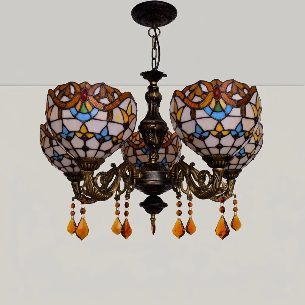 Large Tiffany-Style Stained Artwork Glass Chandelier Classic Floral Vintage Hanging Light Fixtures