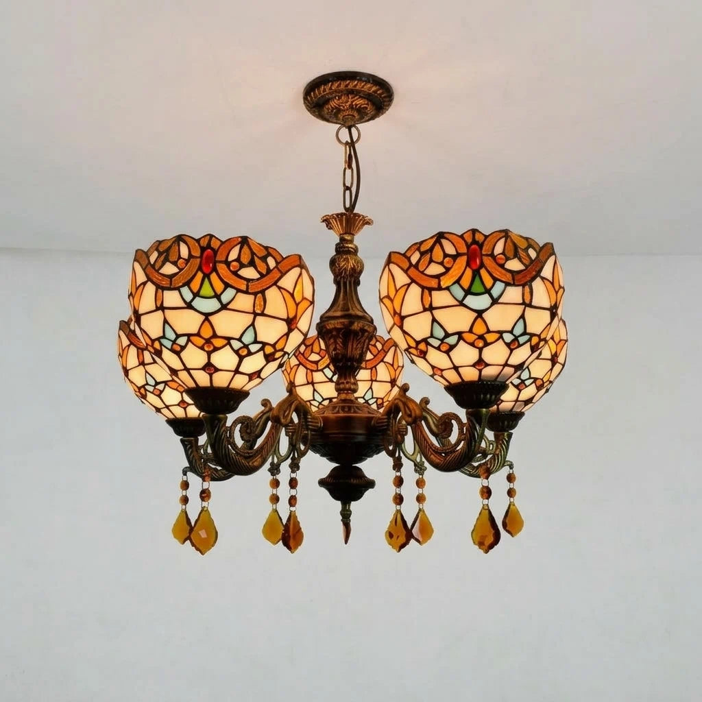 Classic 5 Lights Tiffany-Style Stained Glass Chandelier Vintage Multicolor Floral Art Deco Hanging Light