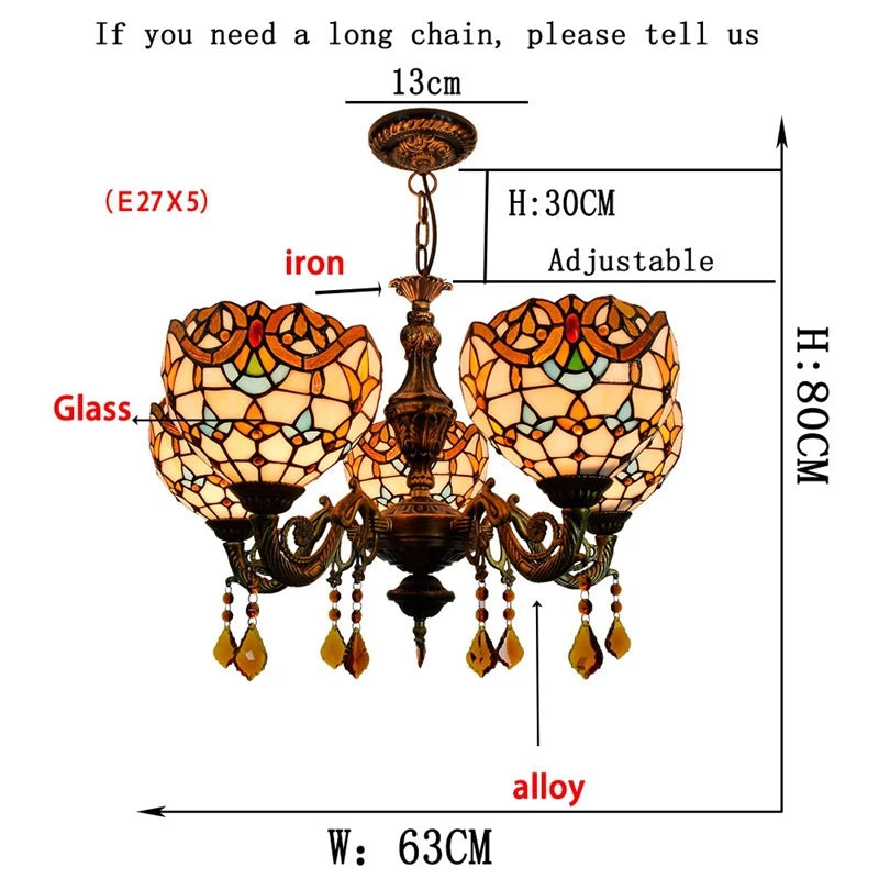 Large Tiffany-Style Stained Artwork Glass Chandelier Classic Floral Vintage Hanging Light Fixtures