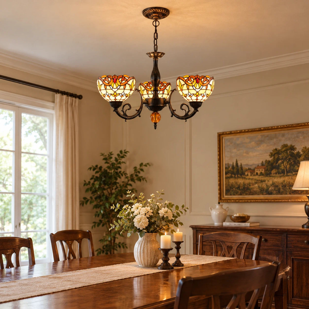Large Tiffany-Style Stained Artwork Glass Chandelier Classic Floral Vintage Hanging Light Fixtures