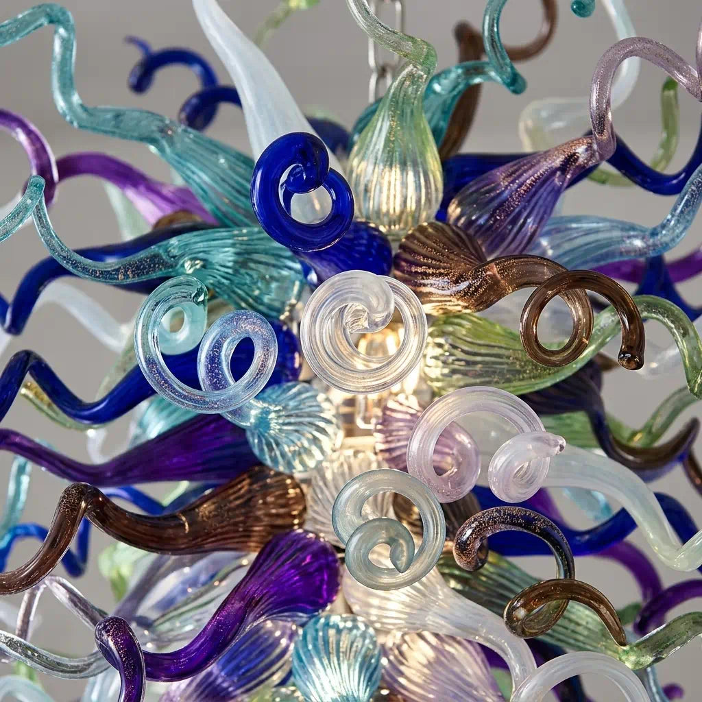 Chihuly Style Blue and Lavender Sculptural Art Blown Glass Chandelier Modern Multi-Tone Pendant Light
