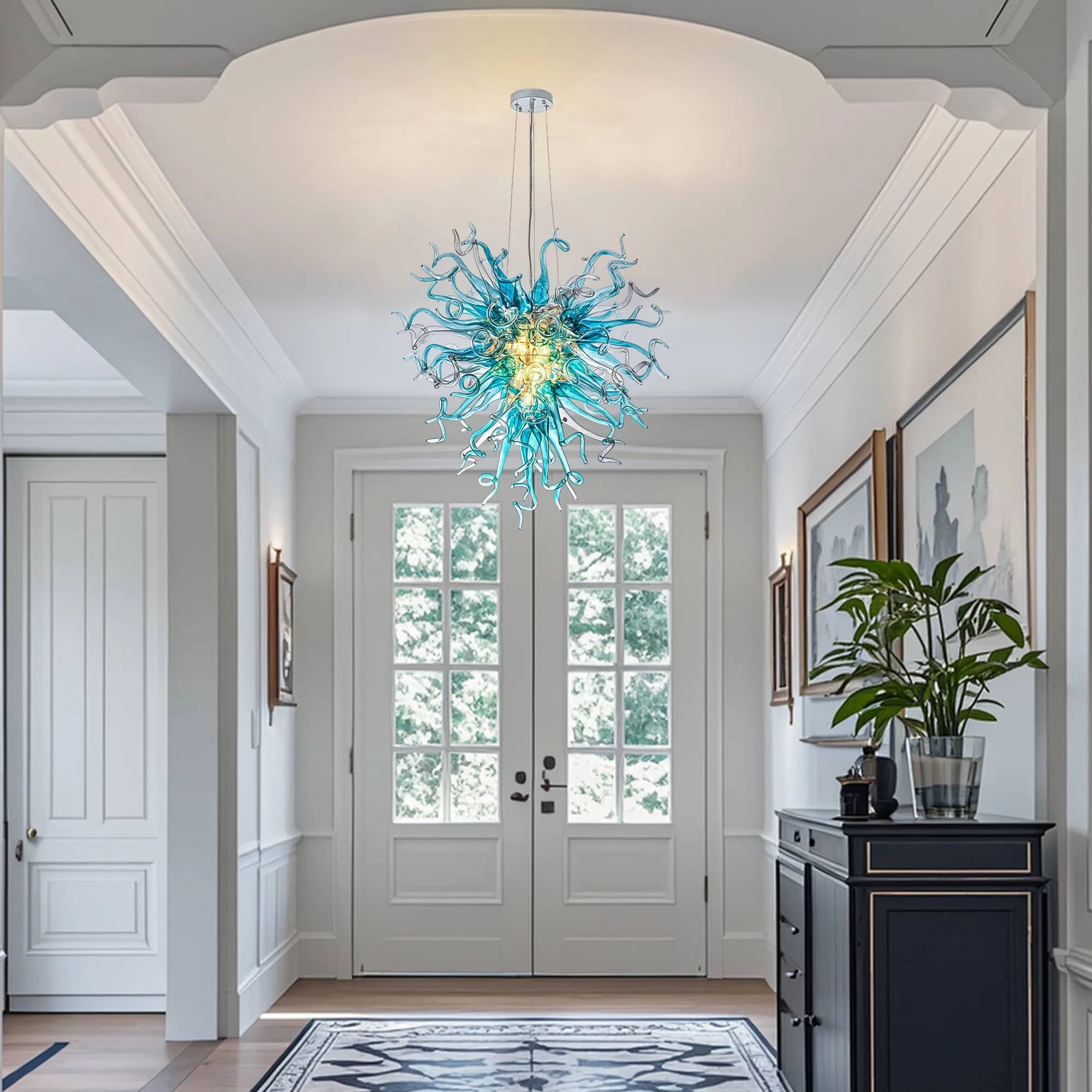 Oceanic Radiance Hanging Glass Sculpture Chandelier Blue Hand-Blown Glass Pendant Light