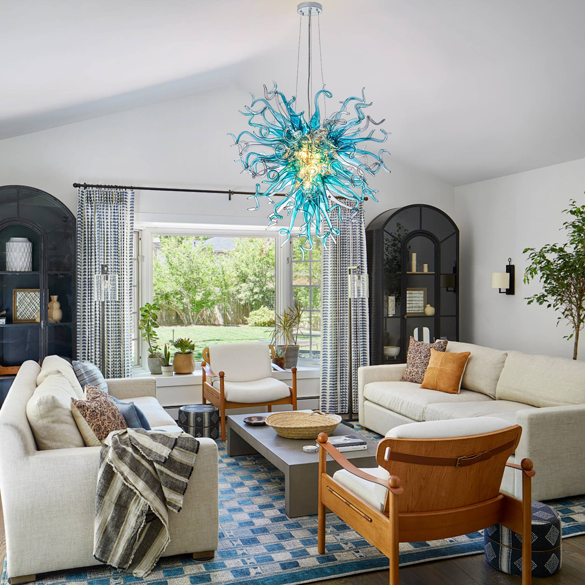 Oceanic Radiance Hanging Glass Sculpture Chandelier Blue Hand-Blown Glass Pendant Light