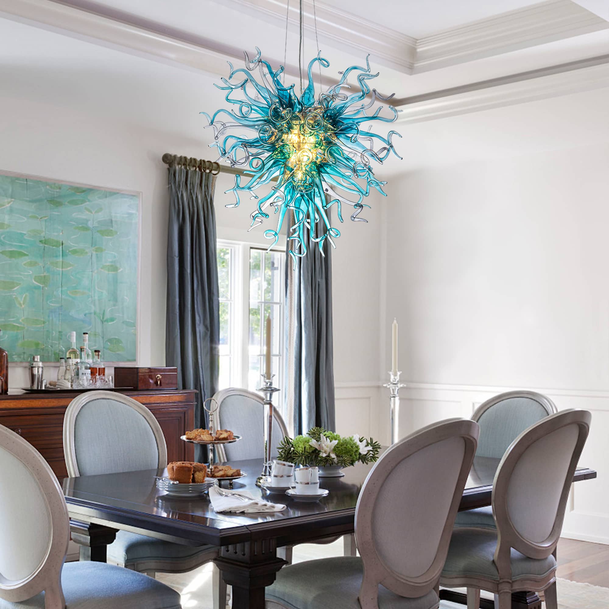 Oceanic Radiance Hanging Glass Sculpture Chandelier Blue Hand-Blown Glass Pendant Light