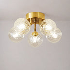 Modern Brass Five-Light Semi Flush Mount Ceiling Light with Clear Ribbed Glass Globe Bubbles